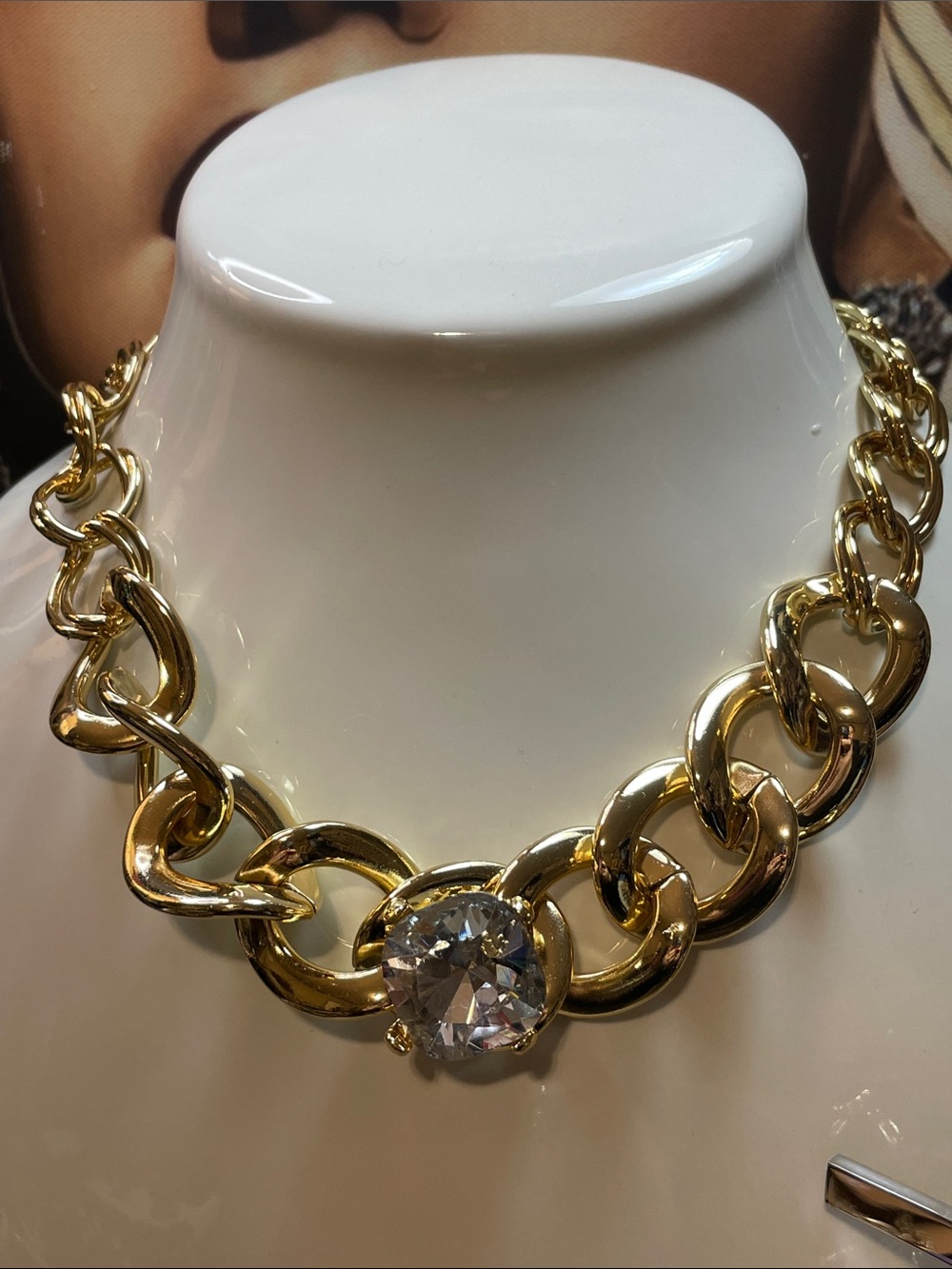 Gold Chain Statement Necklace and Bracelet Set with Crystal Accent - Picture 2 of 9